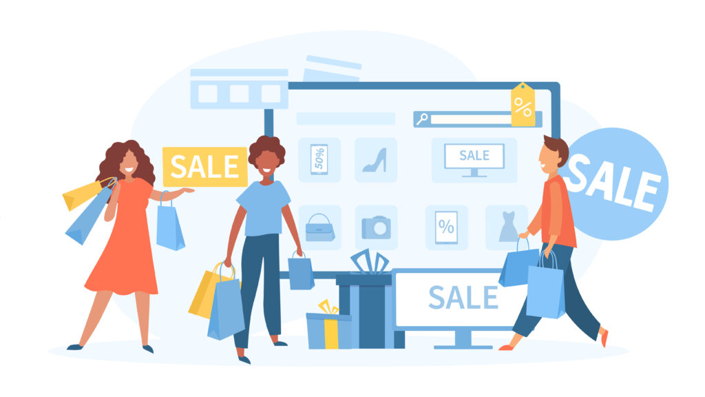 Online catalogue or Sales concept with three happy diverse shoppers carrying bags past a computer screen with Sale icons, vector illustration