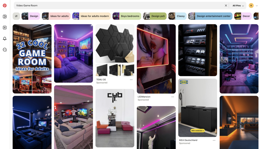 Pinterest Example Searching for Video Game Room Ideas